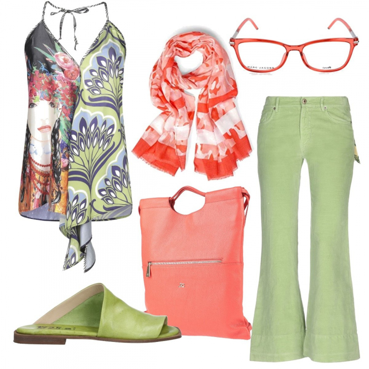 Outfit mujer - Trendy #11458. Estilo Trendy para Noche/Fiesta elegante. Combinación con bufandas, top fantasia floreale, pantalones largos, sandalias, zuecos, mules y chanclas de moda.