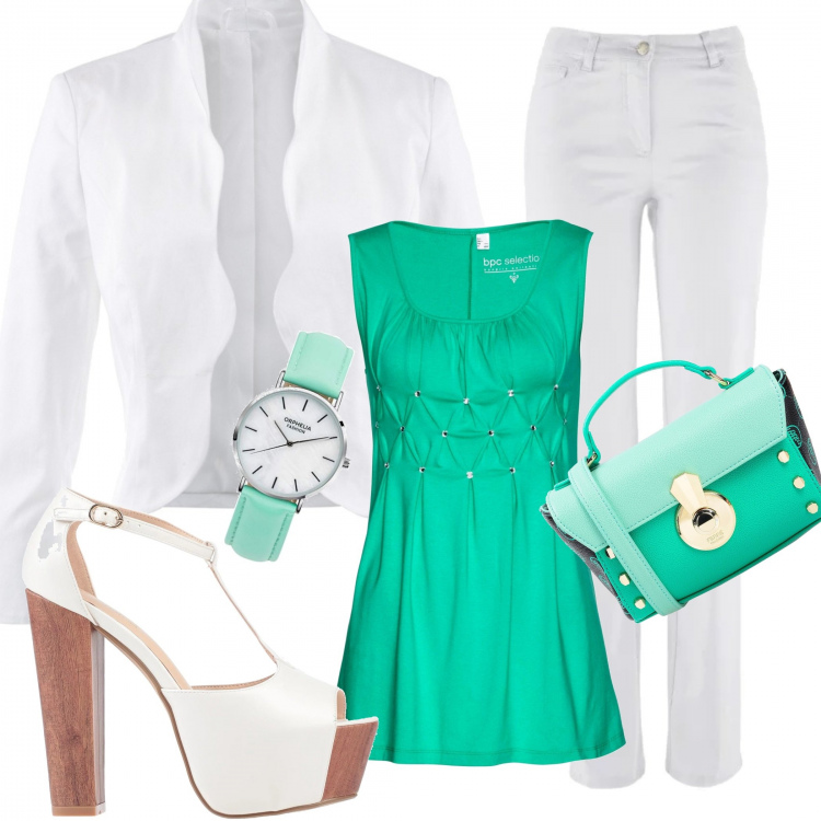 Outfit donna - Trendy #11478. Stile Trendy per Serata fuori. Abbinamento con pantaloni, blazer, top, sandali con tacco, borse a mano, orologi analogici.