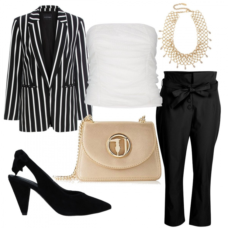 Outfit donna - Bianco. Nero. Oro.. Stile Chic per Serata fuori. look ideale per Petite. Abbinamento con blazer, zeppe, collane, pantalone vita alta nero, corsetto a pois a rete avorio, borse a spalla.
