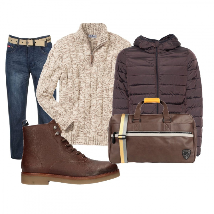 Outfit uomo - Speriamo di partire. Stile Casual per Tutti i giorni. Abbinamento con maglieria, borse sportive, giubbotto, jeans, stivali.