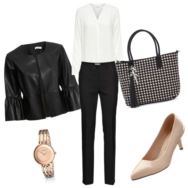 Outfit donna - Semplice ma mai banale. Stile Basic per Ufficio. Abbinamento con pantaloni, blazer, décolleté, camicie, shopping bag nero, orologi.