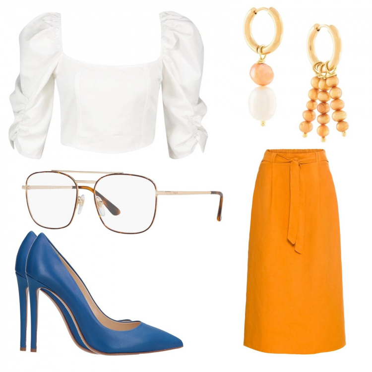 Outfit donna - Summer romance. Stile Bon Ton per Tutti i giorni. Abbinamento con pantaloni, occhiali, décolleté con tacco spillo a punta tinta unita, top bianco, orecchini.