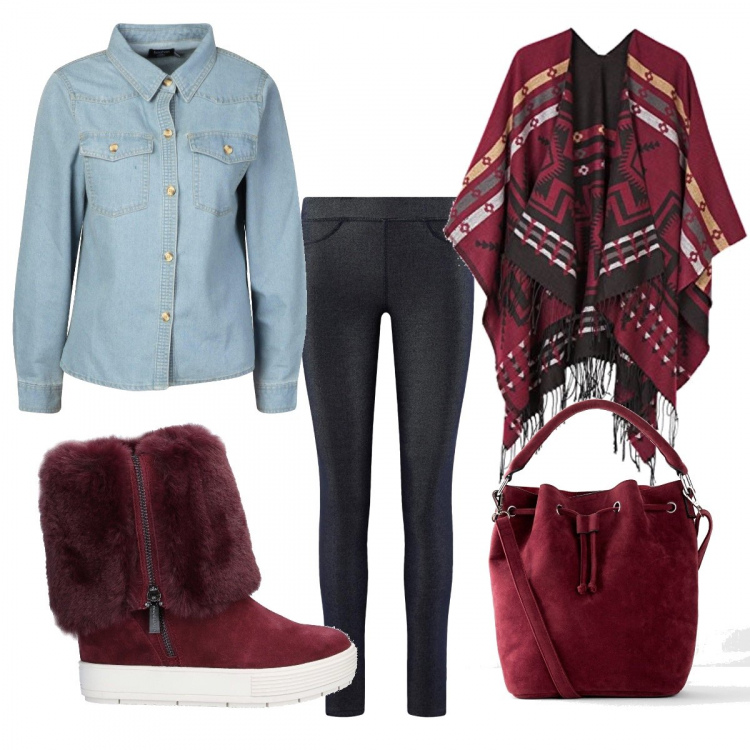 Outfit donna - Urban #5463. Stile Urban per Tutti i giorni. Abbinamento con borse a mano, stivaletti, stivaletti texani, leggings, poncio.