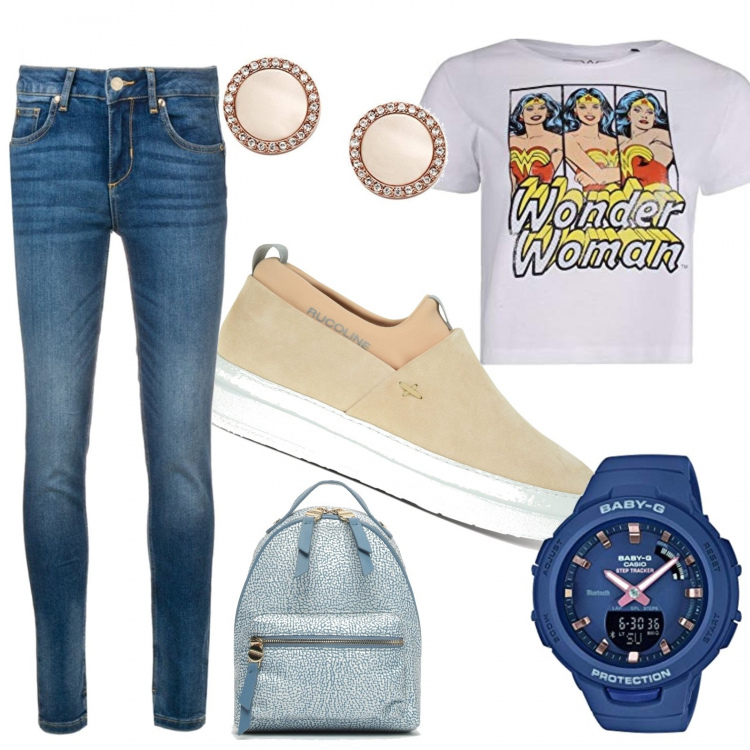 Outfit donna - Donna interstellare. Stile Basic per Tutti i giorni. Abbinamento con jeans, slip contrasto interno in tessuto con punta tonda grigio e bianco, t-shirt, zaino con bretelle fantasia con zip blu, orologi, orecchini.