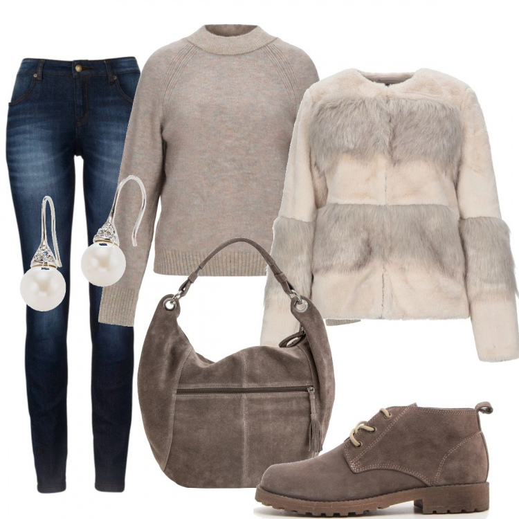 Outfit donna - Il basico caldo e comodo. Stile Basic per Tutti i giorni. Abbinamento con jeans skinny, orecchini, shopping bag, ecopelliccia, pullover, scarpe stringate.