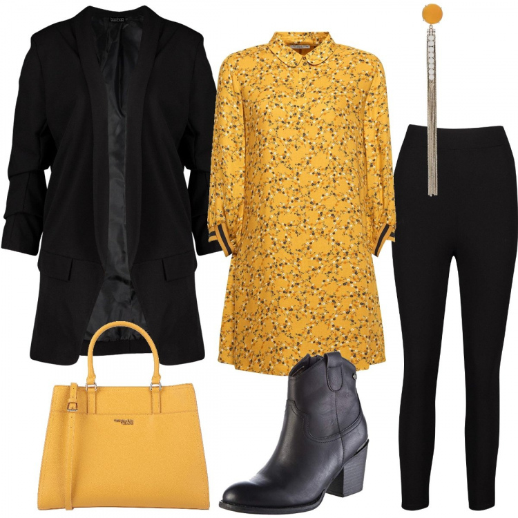 Outfit donna - Il leggins sotto all’abito a camicia. Stile Trendy per Tutti i giorni. Abbinamento con borse a mano, blazer, leggings nero, orecchini, vestiti chemisier, stivaletti.
