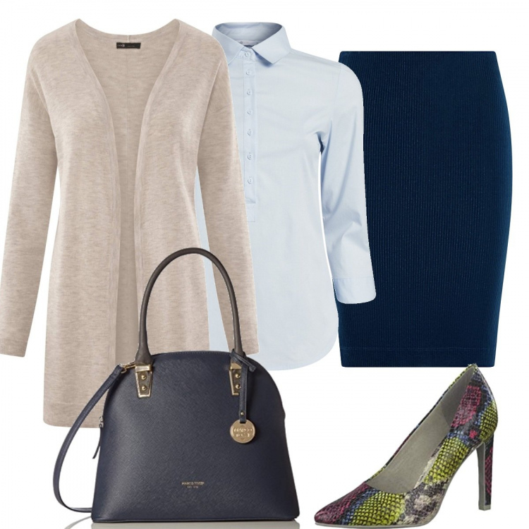 Outfit donna - Perfetta in ogni momento. Stile Chic per Ufficio. Abbinamento con gonne longuette, cardigans, scarpe col tacco, camicia aderente blu, borse a secchiello.