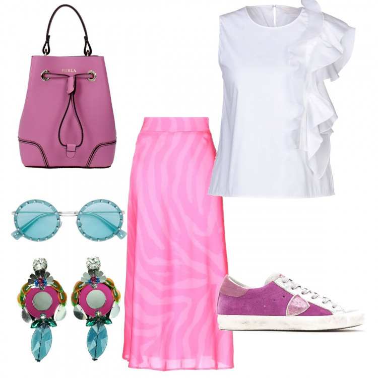 Outfit donna - Trendy #11598. Stile Trendy per Tutti i giorni. Abbinamento con gonne longuette, top, borse a mano, orecchini, occhiali da sole lenti colorate, sneakers.