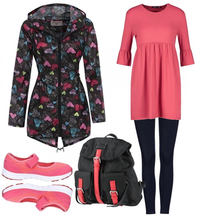 Outfit donna - Urban #5466. Stile Urban per Scuola/Università. Abbinamento con zaino, vestito, ballerine, trench, jeggings.