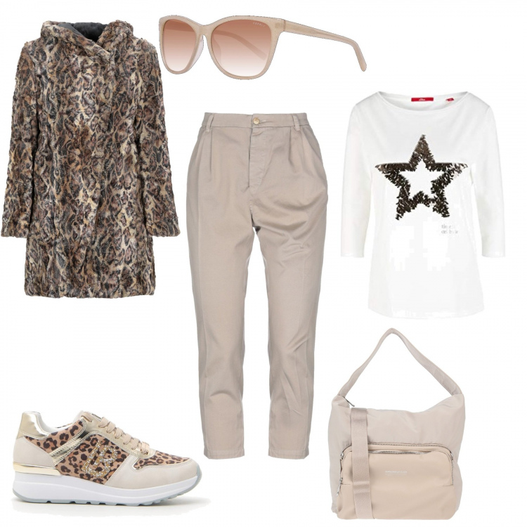 Outfit donna - Le sneakers chuncky. Stile Urban per Scuola/Università. Abbinamento con pantaloni, ecopellicce, borse a spalla, sneakers, t-shirt, occhiali da sole.
