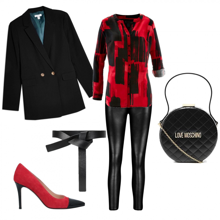 Outfit donna - Il leggings di pelle!. Stile Rock per Serata fuori. Abbinamento con camicie, décolleté, giacca, cinture, leggings, borsa a mano.