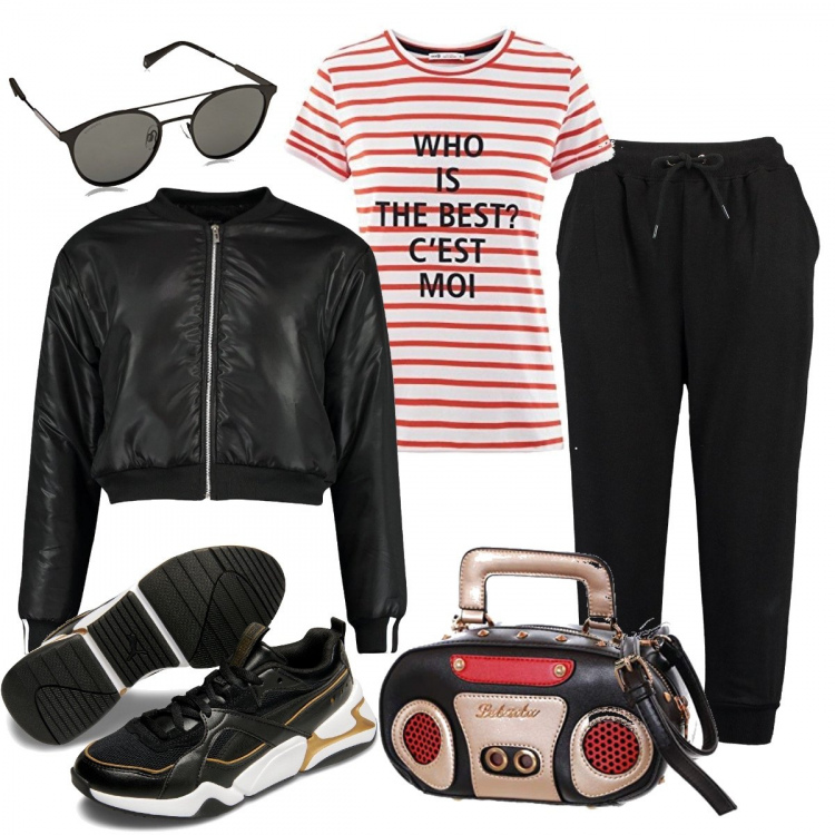 Outfit donna - Trendy con le sneakers chuncky. Stile Trendy per Tutti i giorni. Abbinamento con jogger cropped nero, bomber con zip nero, borse a tracolla, sneakers nero, t-shirt, occhiali da sole.
