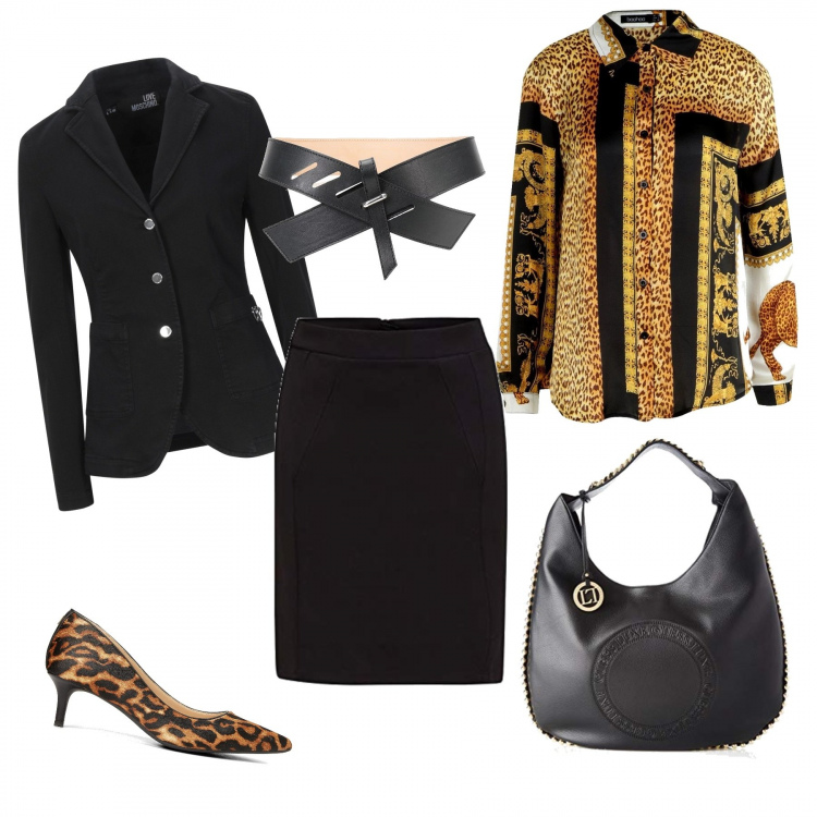 Outfit donna - Chic #6431. Stile Chic per Ufficio. Abbinamento con cinture, décolleté fantasia con tacco spillo interno foderato a punta in pelle, blazer, camicia, borse a spalla, gonne lunghe.
