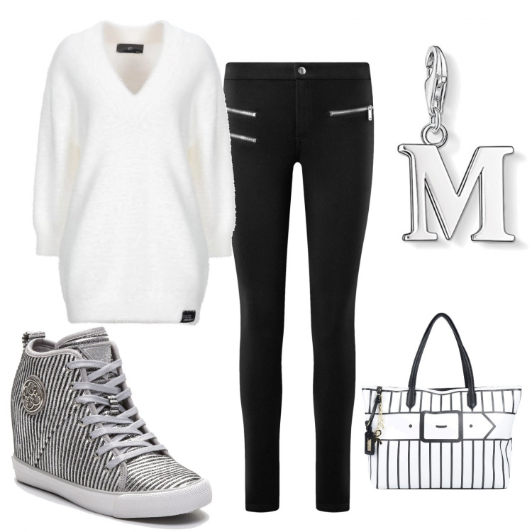 Outfit donna - I leggings con il maglione oversize!. Stile Urban per Tutti i giorni. Abbinamento con pullover collo a v tinta unita, borse a mano, sneakers con paillettes argento, pantaloni skinny, ciondolo.