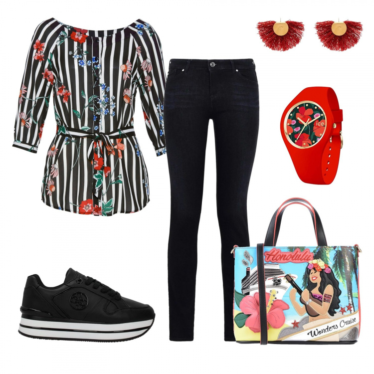 Outfit donna - Le sneakers chuncky. Stile Urban per Tutti i giorni. Abbinamento con bluse, borse a spalla, jeans slim fit, sneakers, orecchini, orologi.