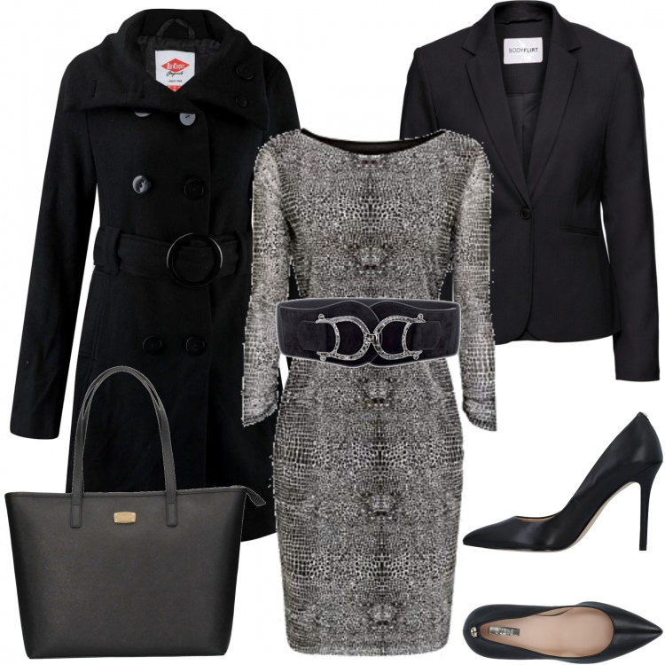 Outfit donna - Lunedì in ufficio. Stile Trendy per Ufficio. Abbinamento con cinture, blazer, décolleté a punta tinta unita, shopping bag, vestito, cappotti.