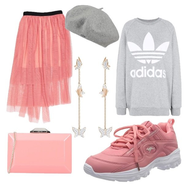 Outfit mujer - Chunky sneakers. Estilo Trendy para Todos los días. Combinación con sneakers rosa, pendientes, sombreros, felpa, falda longuette, bolsos de mano.