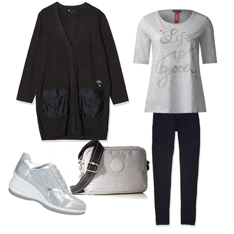 Outfit mujer - Life is good. Estilo Trendy para Escuela/Universidad. Combinación con maglietta melange grigio, cardigan, cintura skinny grigio, borsa a tracolla grigio, sneakers.