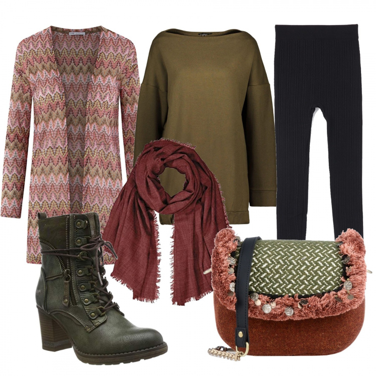 Outfit donna - Pratica eleganza. Stile Urban per Tutti i giorni. Abbinamento con borse a spalla, felpa oversize kaki, leggings a trecce nero, cardigan, stivali verde, sciarpe.