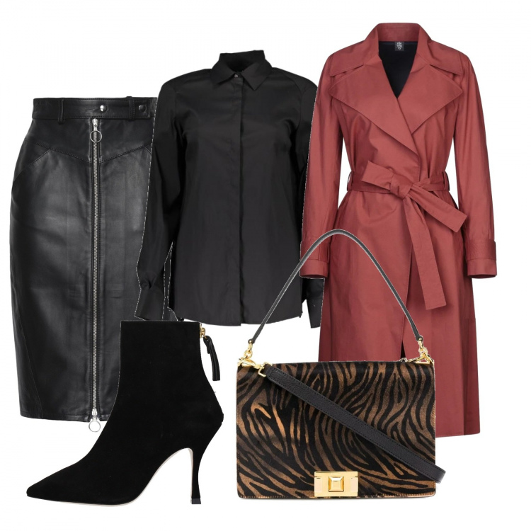 Outfit donna - Trendy #11624. Stile Trendy per Serata fuori. Abbinamento con gonne longuette, cappotto, stivaletti, borsa a tracolla con manico e stampa con zip e tasca interna, camicie.