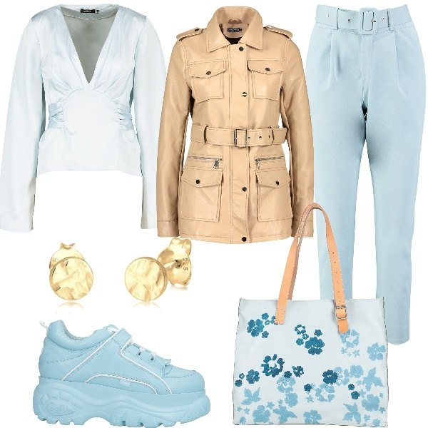 Outfit donna - Sneakers chuncky. Stile Basic per Ufficio. Abbinamento con zeppe, borse a mano, giacca, camicetta in raso azzurro, pantaloni, orecchini.