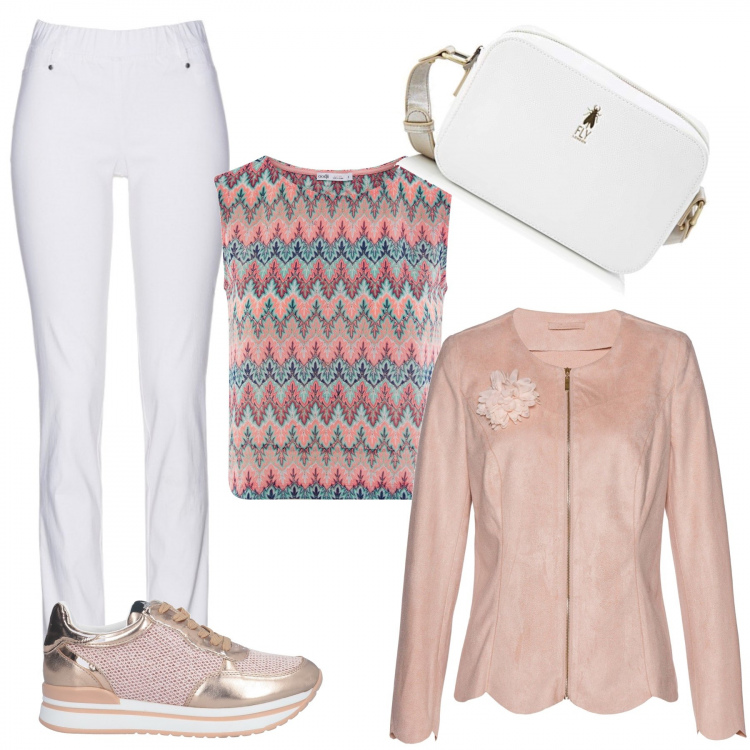Outfit donna - Comodità. Stile Trendy per Ufficio. Abbinamento con pantaloni, vestiti, sneakers, top crop aderente rosa, borse a tracolla.
