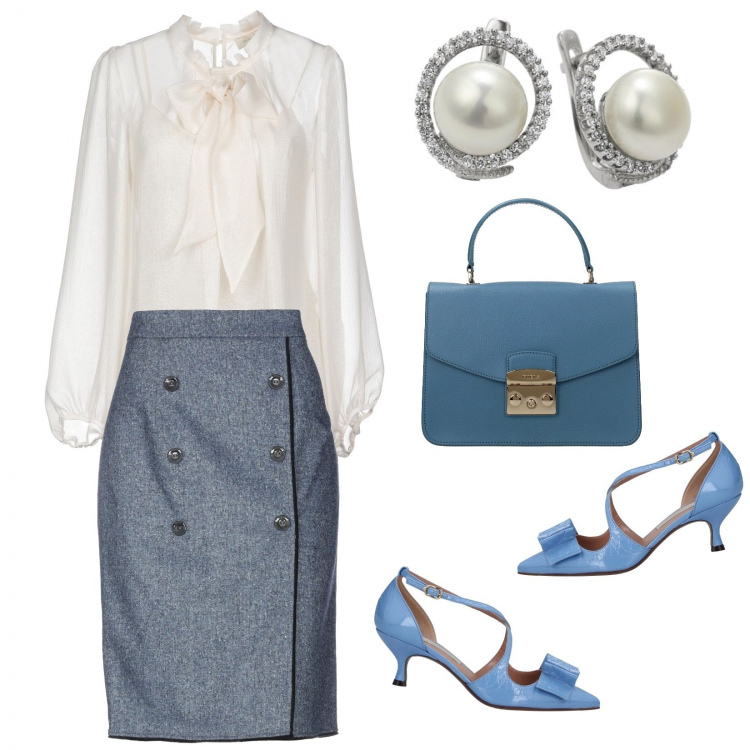 Outfit donna - Classe in ufficio!. Stile Chic per Ufficio. Abbinamento con camicia, décolleté, gonne longuette, borse a mano, orecchini con zirconia a clip in sterling 925 argento.