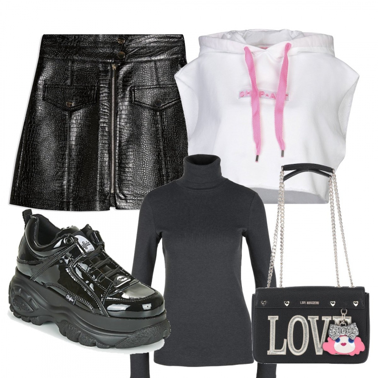 Outfit mujer - Urban chic. Estilo Urban para Noche/Fiesta elegante. Combinación con camiseta, sneakers, minifalda, top, shopping bag.