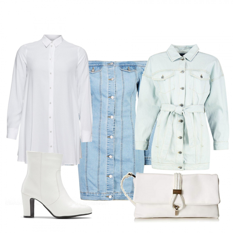 Outfit donna - Trendy #11652. Stile Trendy per Serata fuori. Abbinamento con camicie, stivaletti, vestito skinny premaman effetto strappato con spalle scoperte in denim con spille blu, giacca lunga in denim con cintura azzurro, clutch.