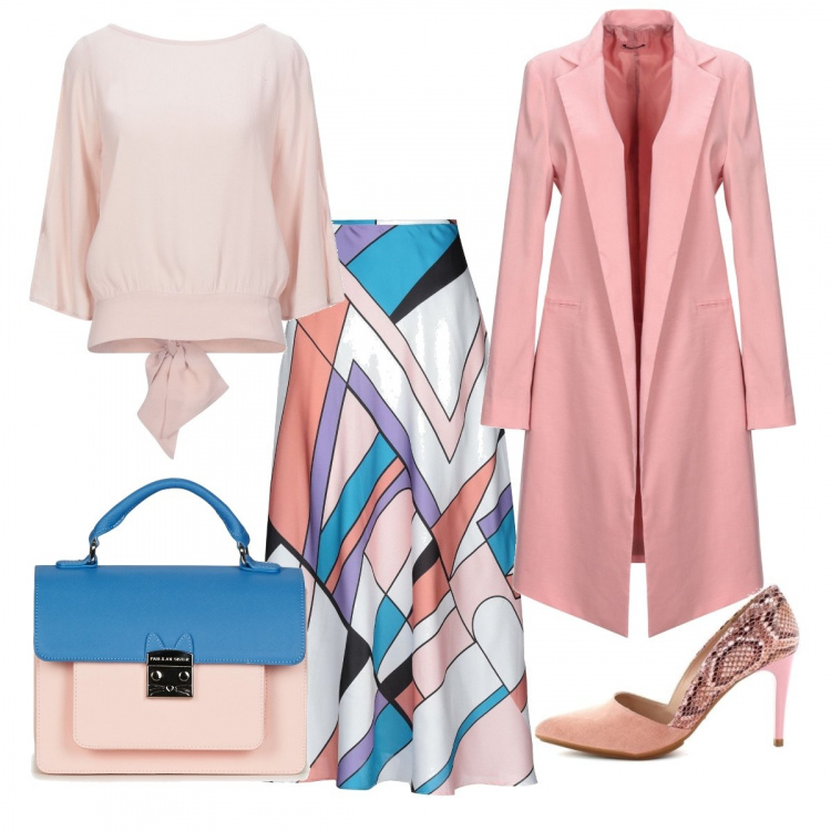 Outfit mujer - Bon Ton #5052. Estilo Bon Ton para Oficina. Combinación con zapatos de tacón rosa, borsa a tracolla rosa, gonna in raso multicolore, blusas, cappotto.