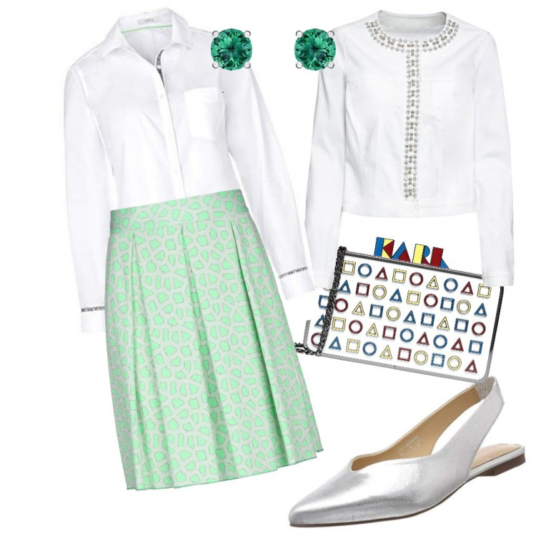 Outfit femme - Classy pastel. Style Bon Ton pour Bureau. Assortir avec vestes, blazers et manteaux, jupes, mocassins et chaussures à lacets, chemises, sacs à main, boucles d'oreilles.