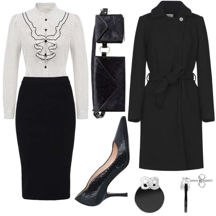 Outfit femme - Classy. Style Bon Ton pour Bureau. Assortir avec chemises, manteaux, jupes au genou, ceintures et bretelles, escarpins, boucles d'oreilles.
