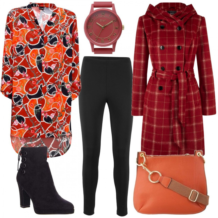 Outfit donna - Leggings e camicia. Stile Basic per Tutti i giorni. Abbinamento con leggings, camicia, maglieria, borsa a tracolla, orologio con cinturino rosa, stivaletti nero.