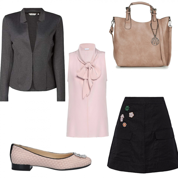 Outfit mujer - Bon Ton #5065. Estilo Bon Ton para Oficina. Combinación con blazers, bolsos de mano, minifaldas, bailarinas, top.