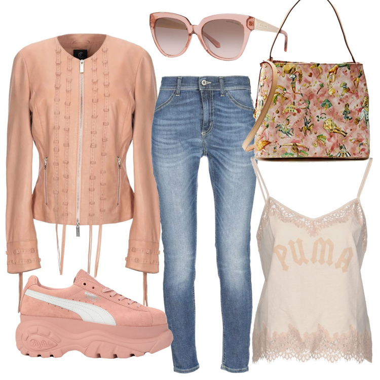 Outfit mujer - Pisando fuerte. Estilo Bon Ton para Todos los días. Combinación con bolsos de hombro, giacca, pantalone in denim, top, sneakers flatform effetto scamosciato, gafas de sol.