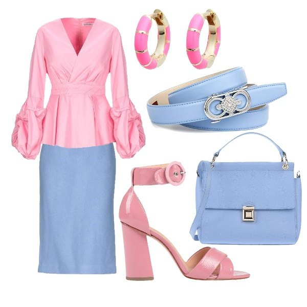 Outfit mujer - Falda y camisa elegantes. Estilo Bon Ton para Ceremonia. Combinación con cinturones, camicia, gonna a tubo taglia media, borsa a tracolla multicolore, sandalias, zuecos, mules y chanclas de moda, pendientes oro.