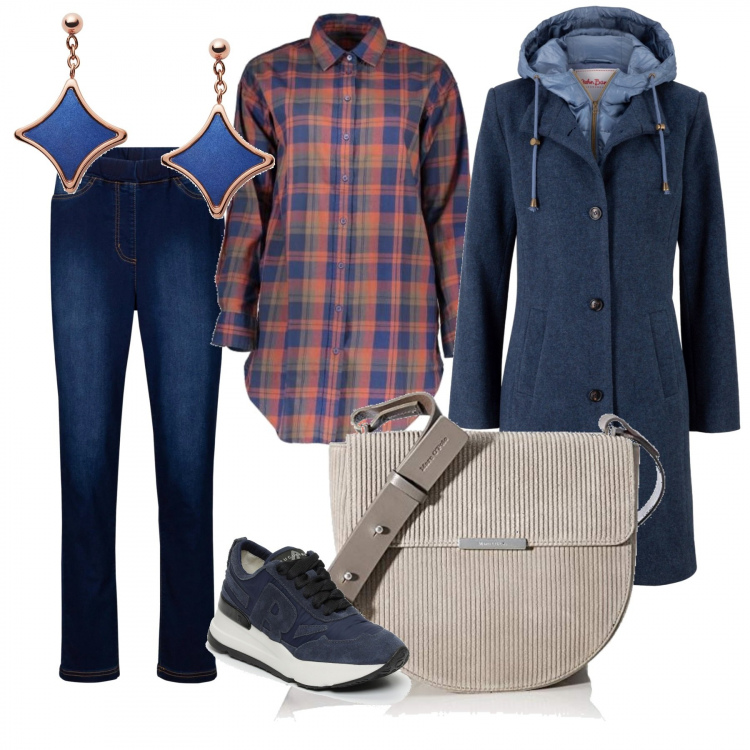 Outfit donna - Basic #6616. Stile Basic per Tutti i giorni. Abbinamento con cappotti, jeggings, sneakers effetto scamosciato con punta tonda navy, camicie, scarpa, orecchini a pendolo in oro rosa.
