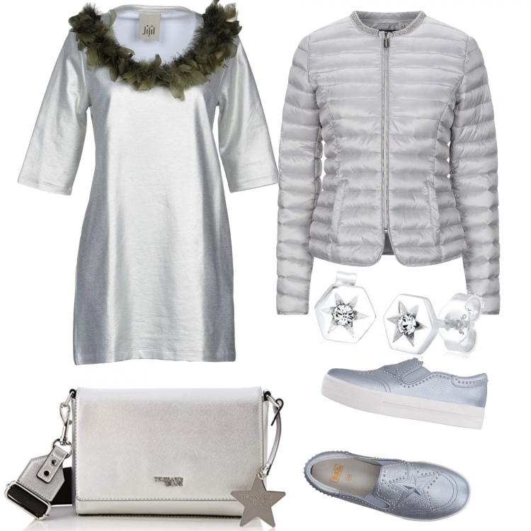 Outfit mujer - Sideral. Estilo Trendy para Todos los días. Combinación con collares, colgantes, sneakers flatform, felpa, giubbino con strass.