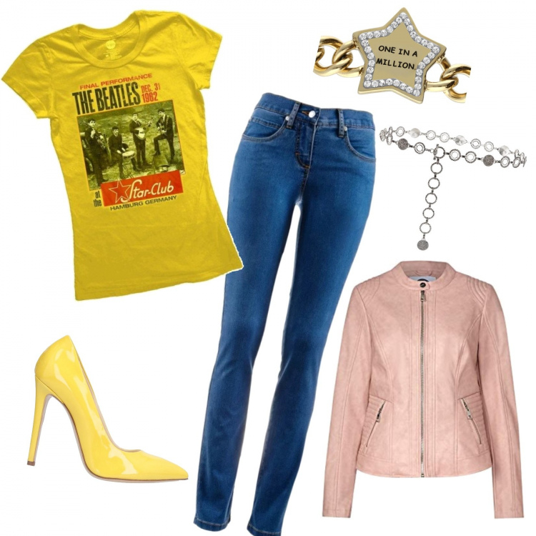 Outfit donna - Street style!. Stile Trendy per Tutti i giorni. Abbinamento con jeans dritti, cinture, décolleté, t-shirt, blazer, bracciale.