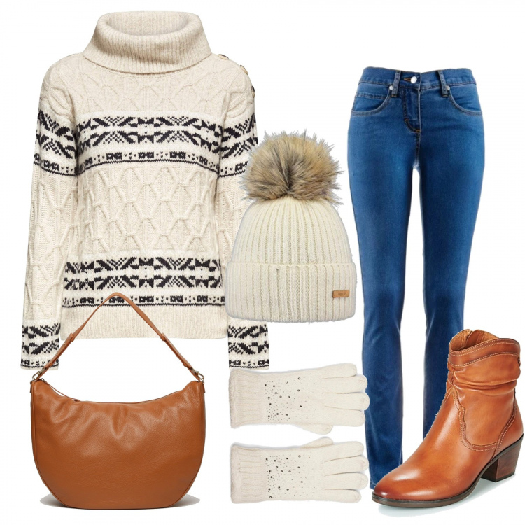 Outfit donna - Let it snow. Stile Urban per Tutti i giorni. Abbinamento con jeans dritti, stivaletti, felpe, borsa a tracolla con zip cammello, guanti, berretti.
