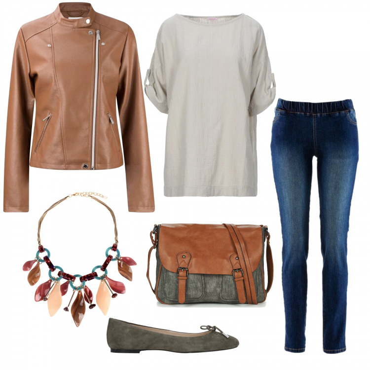 Outfit donna - Praticità in leggins. Stile Urban per Tutti i giorni. Abbinamento con treggings, camicia, collane, ballerine, borsa, blazer.