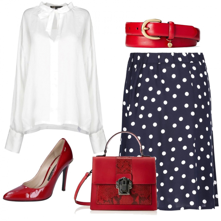 Outfit mujer - Comida de domingo. Estilo Chic para Noche/Fiesta elegante. Combinación con gonna multicolore e nero, bolso de mano, zapatos de tacón, blusa in raso, cintura in pelle.