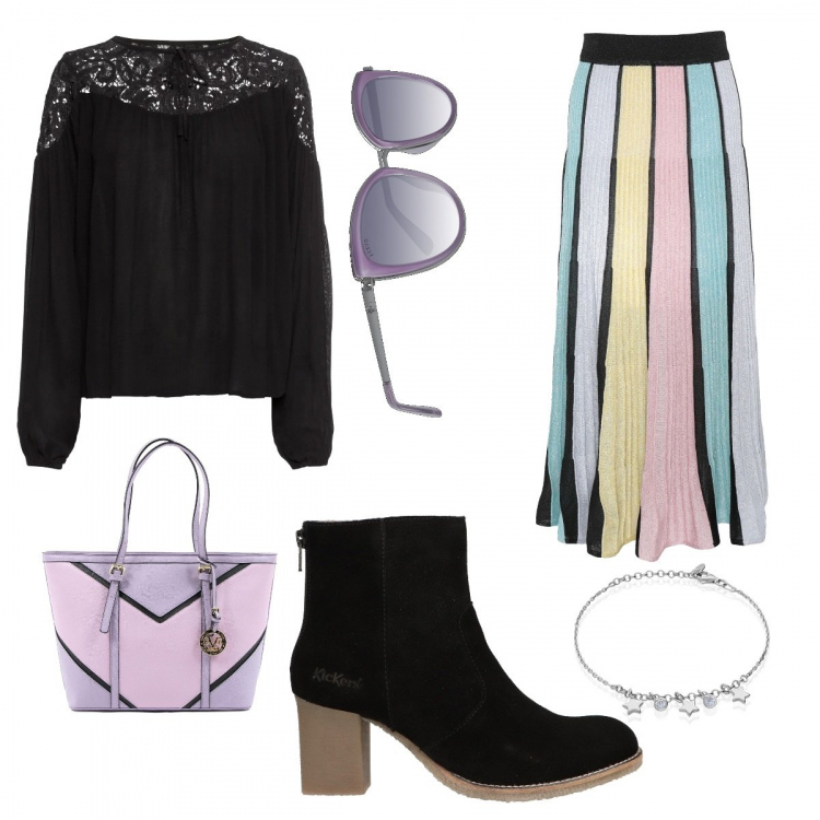 Outfit donna - Total look #462795. per Tutti i giorni. Abbinamento con tuniche, gonne lunghe, borse a mano, occhiali da sole, ciondolo argento, stivali.