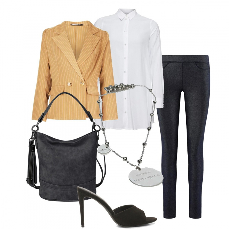Outfit donna - Sabot e leggings. Stile Chic per Tutti i giorni. Abbinamento con camicie, borse a tracolla, stiletti con tacco, blazer petite motivo gessato con bottoni marrone, collane, leggings.