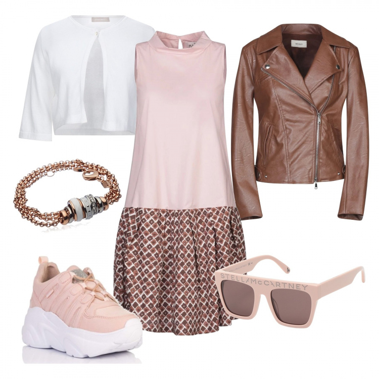 Outfit mujer - Chunky & Chic. Estilo Urban para Todos los días. Combinación con colgantes, sneakers rosa, vestidos cortos, chaqueta, gafas de sol, maglioncino.