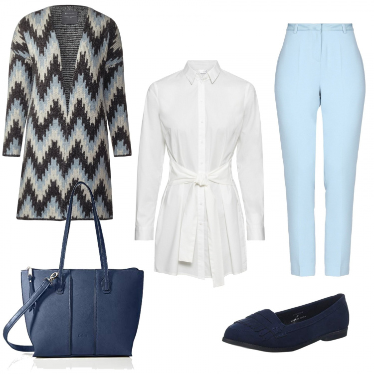 Outfit donna - Azzurro pastello. Stile Trendy per Ufficio. Abbinamento con vestiti, pantalone lungo, cardigan blu, ballerine, borse a spalla.