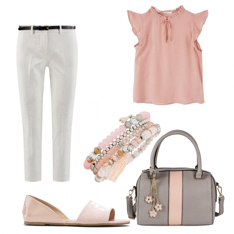 Outfit donna - Passeggiata serale estiva. Stile Basic per Tutti i giorni. Abbinamento con sandali, borse a mano, braccialetti, pantalone lungo, camicie a manica corta.