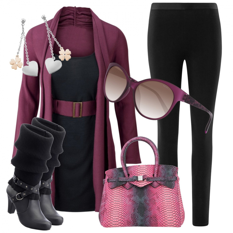 Outfit donna - Lovely Purple. Stile Trendy per Tutti i giorni. Abbinamento con stivali, vestiti midi/longuette, borse a mano, leggings, occhiali da sole, orecchini.