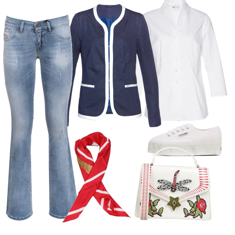 Outfit donna - Passeggiata sul lungomare. Stile Bon Ton per Tutti i giorni. Abbinamento con camicie, blazer, borse messenger, foulard, sneakers con lacci bianco, jeans.