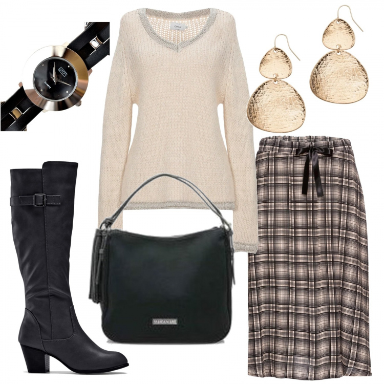 Outfit donna - A Marzo in ufficio. Stile Trendy per Ufficio. Abbinamento con stivali, gonna midi nero, orecchini, pullover, borsa nero, orologio analogico.